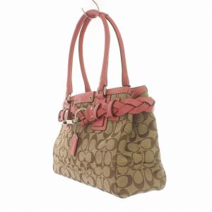 COACH ハンドバック シグネチャー ハンプトンズ キャリーオール タッセル キャンバス レザー 茶 ブラウン ピンク F13065