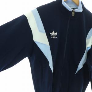 adidas 90's ヴィンテージ デサント製 トラックジャケット ジャージ 長袖 ロゴ刺繍 ジップアップ ハイネック L 紺 ネイビー