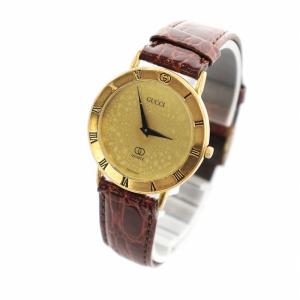 GUCCI ジャンク品 腕時計 ウォッチ クォーツ ローマン ラウンド レザーベルト社外品 ロゴ ゴールド色 茶 ブラウン GY12