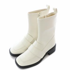 22AW ローファーショートブーツ ビジュー付き ローヒール チャンキーヒール フェイクレザー 36 23?p 白 ホワイト