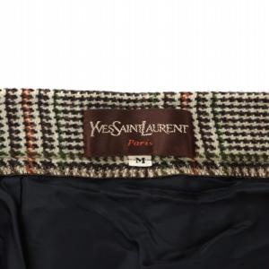 YVES SAINT LAURENT ヴィンテージ プリーツ スカート ウール カシミヤ混 ひざ丈 チェック柄 総柄 ジップフライ M 茶色 ブラウン