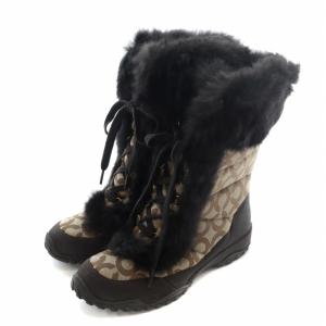 COACH ウィンターブーツ キャンバス ラビットファー ショート オプアート 総柄 ロゴ 7.5 24.5cm 茶色 ブラウン A7243