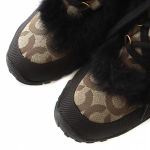 COACH ウィンターブーツ キャンバス ラビットファー ショート オプアート 総柄 ロゴ 7.5 24.5cm 茶色 ブラウン A7243