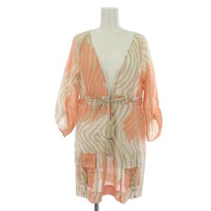 ブラウス ノーカラー シアー素材 長袖 総柄 P ピンク ベージュ