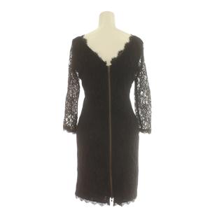 DIANE von FURSTENBERG ワンピース ひざ丈 長袖 レース ラウンドネック 背面ジップ レーヨン 総裏地 2 M 黒 ブラック