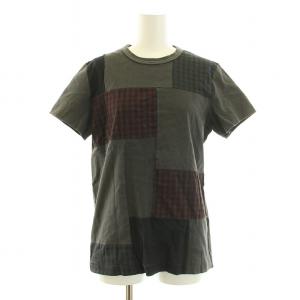 Tシャツ カットソー 半袖 クルーネック 切替 チェック M チャコールグレー