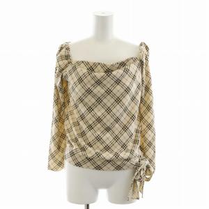 カットソー オフショルダー 長袖 リボン ロゴ刺繍 チェック 38 M ベージュ ピンク 茶 ブラウン GY14