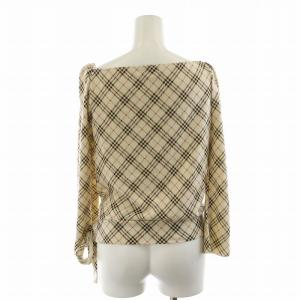 BURBERRY BLUE LABEL カットソー オフショルダー 長袖 リボン ロゴ刺繍 チェック 38 M ベージュ ピンク 茶 ブラウン GY14