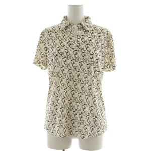ポロシャツ 半袖 オープンカラー 総柄 38 M 白 ホワイト 茶 ブラウン