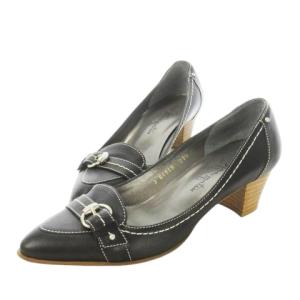 パンプス ミドルヒール チャンキーヒール アーモンドトゥ レザー 革 ベルトデザイン 23.5 黒 ブラック