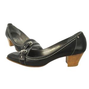 GINZA Kanematsu パンプス ミドルヒール チャンキーヒール アーモンドトゥ レザー 革 ベルトデザイン 23.5 黒 ブラック