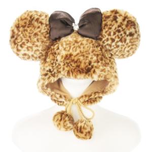 ファンキャップ ミニー ぽんぽん リボン フェイクファー レオパード ヒョウ柄 58cm 茶 ブラウン