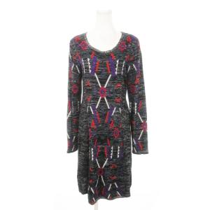 ニットワンピース ひざ丈 長袖 インターシャ 総柄 ラメ L 黒 ブラック /MN15 GY99