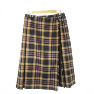 プリーツスカート ロング丈 ウール ラップ フリンジ ベルト チェック 大きいサイズ 44 XXL 茶
