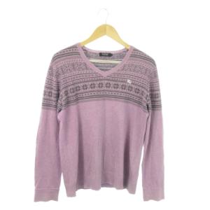 ニット セーター Vネック 長袖 インターシャ ノルディック柄 ロゴ刺繍 2 M 紫 パープル /AO21
