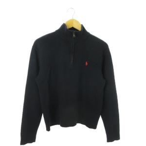 ニット セーター ハイネック 長袖 ハーフジップ ウール ワンポイント ロゴ刺繍 M 紺 ネイビー /AO12