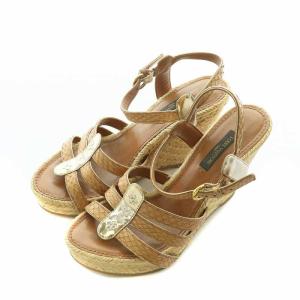 サンダル レザー オープントゥ ウェッジソール ストラップ ロゴ 36 23cm ベージュ 茶色 ブラウン