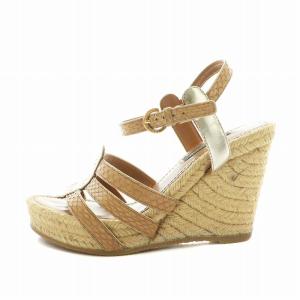 LOUIS VUITTON サンダル レザー オープントゥ ウェッジソール ストラップ ロゴ 36 23cm ベージュ 茶色 ブラウン