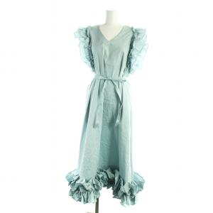 タグ付き 24SS フリルスリーブ ワンピース ロング Aライン 半袖 リボン 38 M サックス 水色