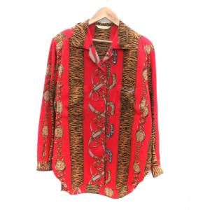 シャツ ブラウス 長袖 ヒョウ柄 総柄 ラインストーン 9 M マルチカラー 赤 レッド /HO33 GY18