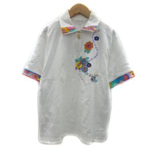 シャツ 半袖 無地 花柄 ハーフジップ ロゴ刺繍 L マルチカラー 白 ホワイト /YS34 GY18