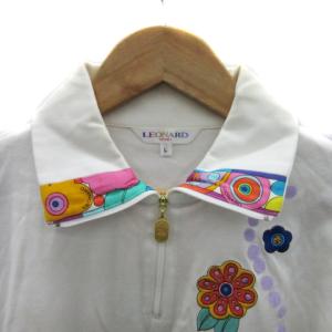 LEONARD SPORT シャツ 半袖 無地 花柄 ハーフジップ ロゴ刺繍 L マルチカラー 白 ホワイト /YS34 GY18