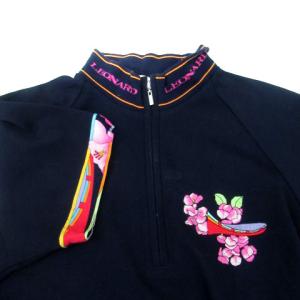 LEONARD SPORT ポロシャツ カットソー 半袖 鹿の子 ハーフジップ 花柄 刺繍 42 XL マルチカラー 紺 ネイビー
