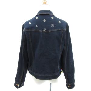 LEONARD SPORT デニムジャケット Gジャン ジージャン ミドル丈 ロゴボタン 総柄 大きいサイズ 42 XL 紺 ネイビー 白 ホワイト