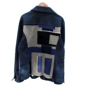 LEONARD SPORT テーラードジャケット デニム パッチワーク ミドル丈 総柄 42 XL マルチカラー 紺 ネイビー