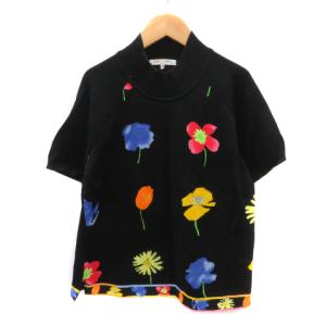 ニット カットソー 半袖 花柄 42 XL 大きいサイズ 黒 ブラック