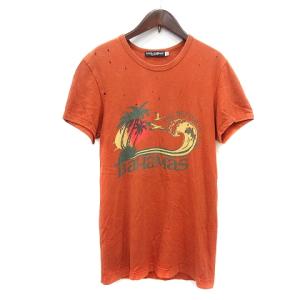 カットソー Tシャツ クルーネック プリント 半袖 ダメージ加工 44 M オレンジ /MN GY19