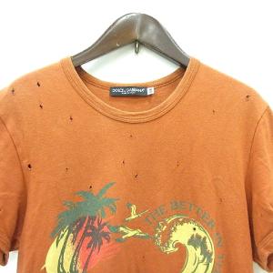 DOLCE&GABBANA カットソー Tシャツ クルーネック プリント 半袖 ダメージ加工 44 M オレンジ /MN GY19
