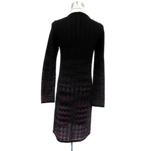 MISSONI ニットワンピース ひざ丈 長袖 スリットネック 総柄 40 L マルチカラー 黒 ブラック