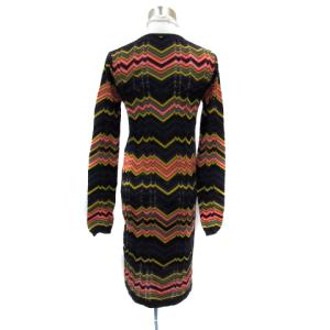 MISSONI ニットワンピース ひざ丈 長袖 スリットネック 総柄 40 L マルチカラー 紫 パープル