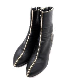 ショートブーツ ポインテッドトゥ チャンキーヒール レザー 35 22.5 黒 ブラック /RT GY19