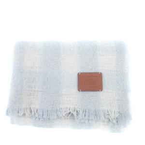 COACH マフラー ストール チェック柄 レザー ロゴパッチ アルパカ混 モヘヤ混 水色 ライトブルー オフホワイト 32113