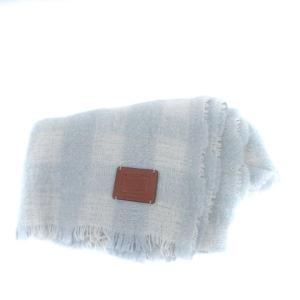 COACH マフラー ストール チェック柄 レザー ロゴパッチ アルパカ混 モヘヤ混 水色 ライトブルー オフホワイト 32113