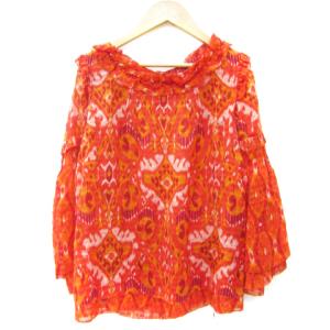 ブラウス カットソー 七分袖 ラウンドネック フリル シアー 総柄 4 S シルク 赤 レッド オレンジ