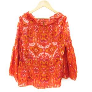 TORY BURCH ブラウス カットソー 七分袖 ラウンドネック フリル シアー 総柄 4 S シルク 赤 レッド オレンジ
