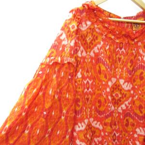 TORY BURCH ブラウス カットソー 七分袖 ラウンドネック フリル シアー 総柄 4 S シルク 赤 レッド オレンジ