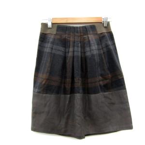 BRUNELLO CUCINELLI フレアスカート ひざ丈 チェック柄 切替 無地 38 M 茶 ブラウン グレー /SY4 GY19