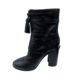 TORY BURCH ジップアップショートブーツ レース タッセル レザー 7M 24cm 黒 ブラック