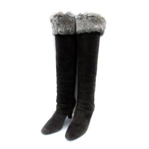 ロングブーツ ハイヒール チャンキーヒール ラウンドトゥ スエード ファー 38 25cm チャコールグレー