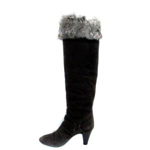 GIUSEPPE ZANOTTI ロングブーツ ハイヒール チャンキーヒール ラウンドトゥ スエード ファー 38 25cm チャコールグレー