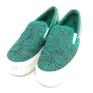スリッポン 厚底 レース レザー 7 1/2 25.5cm 緑 グリーン