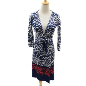 DIANE von FURSTENBERG ワンピース ミモレ丈 七分袖 カシュクール 総柄 シルク 2 マルチカラー 紺 ネイビー /YK3 GY12