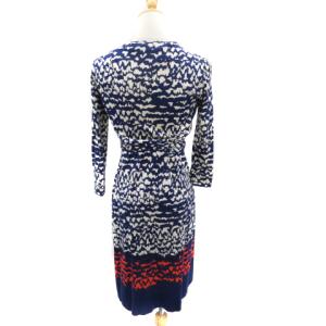 DIANE von FURSTENBERG ワンピース ミモレ丈 七分袖 カシュクール 総柄 シルク 2 マルチカラー 紺 ネイビー /YK3 GY12