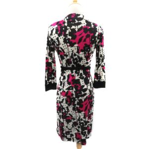 DIANE von FURSTENBERG ワンピース ひざ丈 七分袖 カシュクール 総柄 シルク 2 マルチカラー 黒 ブラック