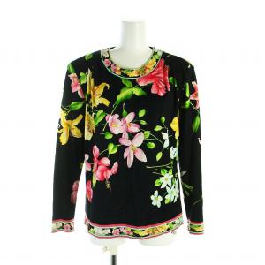 ファッション FASHION カットソー 長袖 バックジップ 花柄 総柄 肩パット入り LL 黒 ブラック
