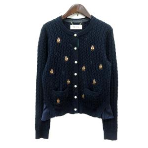カーディガン ケーブル ニット フクロウ 刺繍 スパンコール 切替 38 M 紺 ネイビー /MN GY19